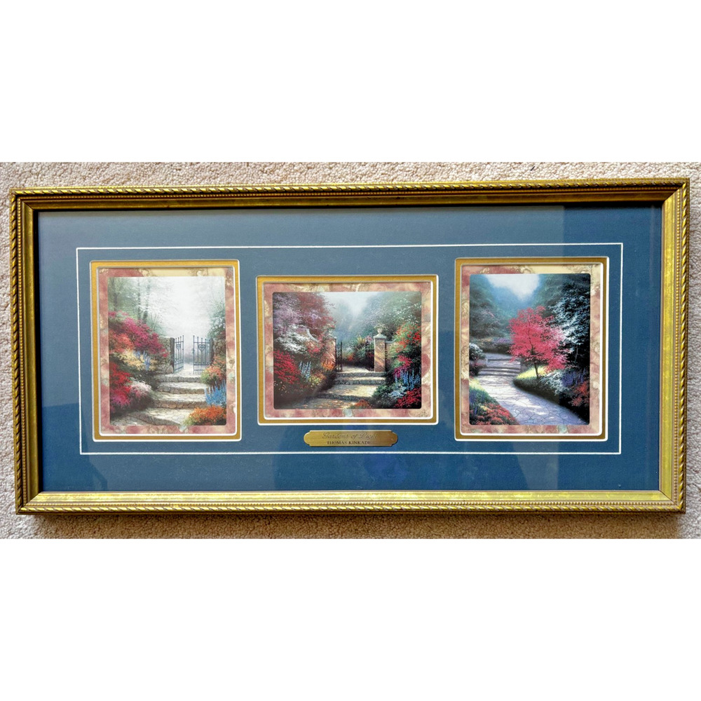 Thomas Kinkade Gardens of Light Portfolio 1995 Framed Triptych w COA 10"x21"Wall